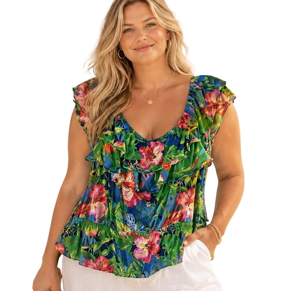 Lauren Ralph Lauren Tropical Flounce Top Womens Size XXL Off Shoulder Colorful